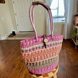 Woven Straw Beach Tote Bag Pink Multi - Sun N Sand Vintage